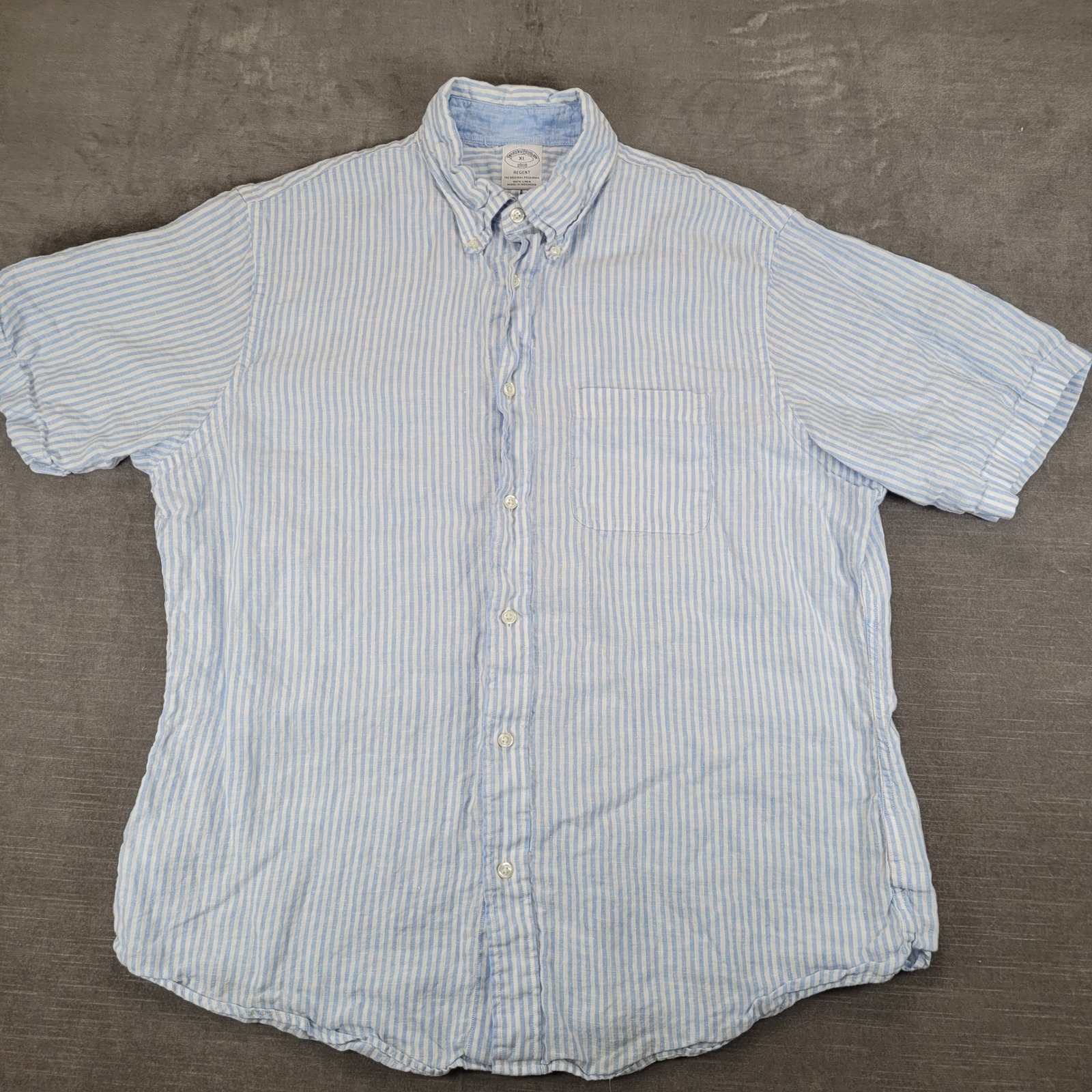 Brooks Brothers Regent Fit Short Sleeve 100% Linen Button Down Shirt Blue Xl